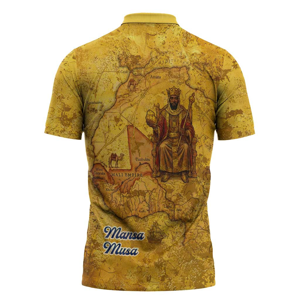 Mansa Musa Zipper Polo Shirt Golden Legacy Theme Ancient Map Regal Portrait of Mali Emperor Timbuktu - Wonder Print Shop