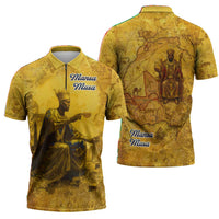 Mansa Musa Zipper Polo Shirt Golden Legacy Theme Ancient Map Regal Portrait of Mali Emperor Timbuktu - Wonder Print Shop