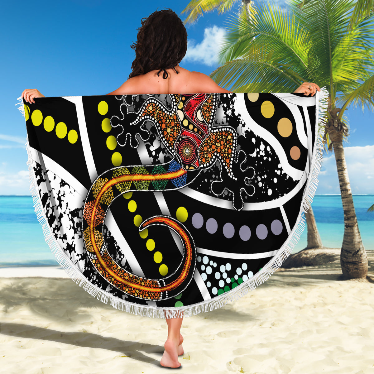 Aboriginal Lizzard Pattern Dot Art Beach Blanket - Wonder Print Shop