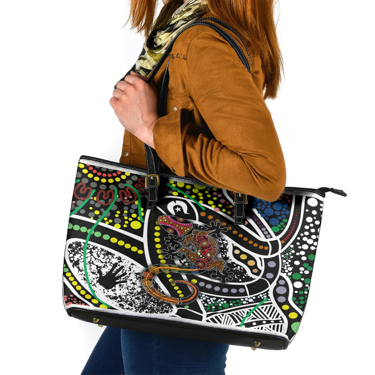 Aboriginal Lizzard Pattern Dot Art Leather Tote Bag - Wonder Print Shop