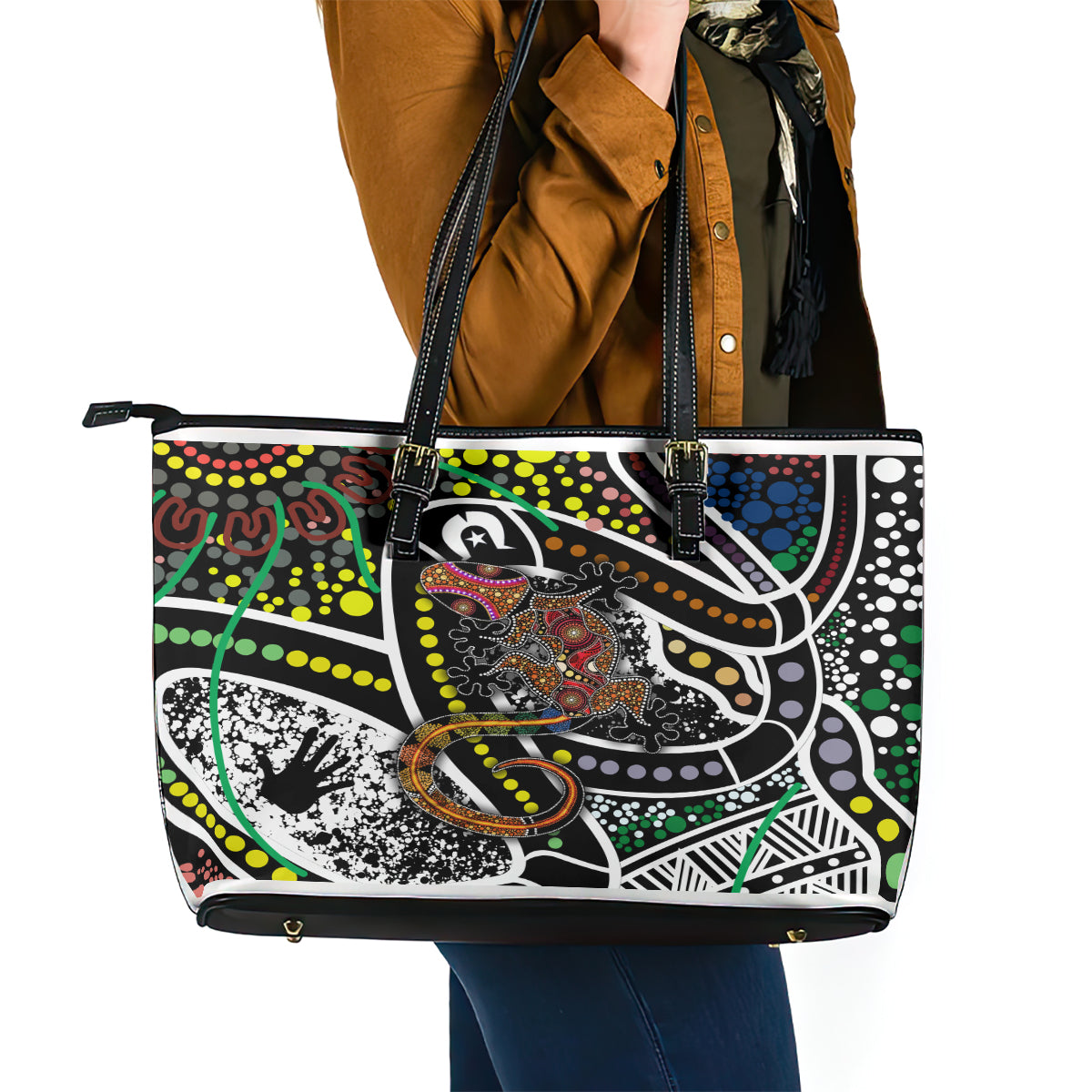 Aboriginal Lizzard Pattern Dot Art Leather Tote Bag - Wonder Print Shop