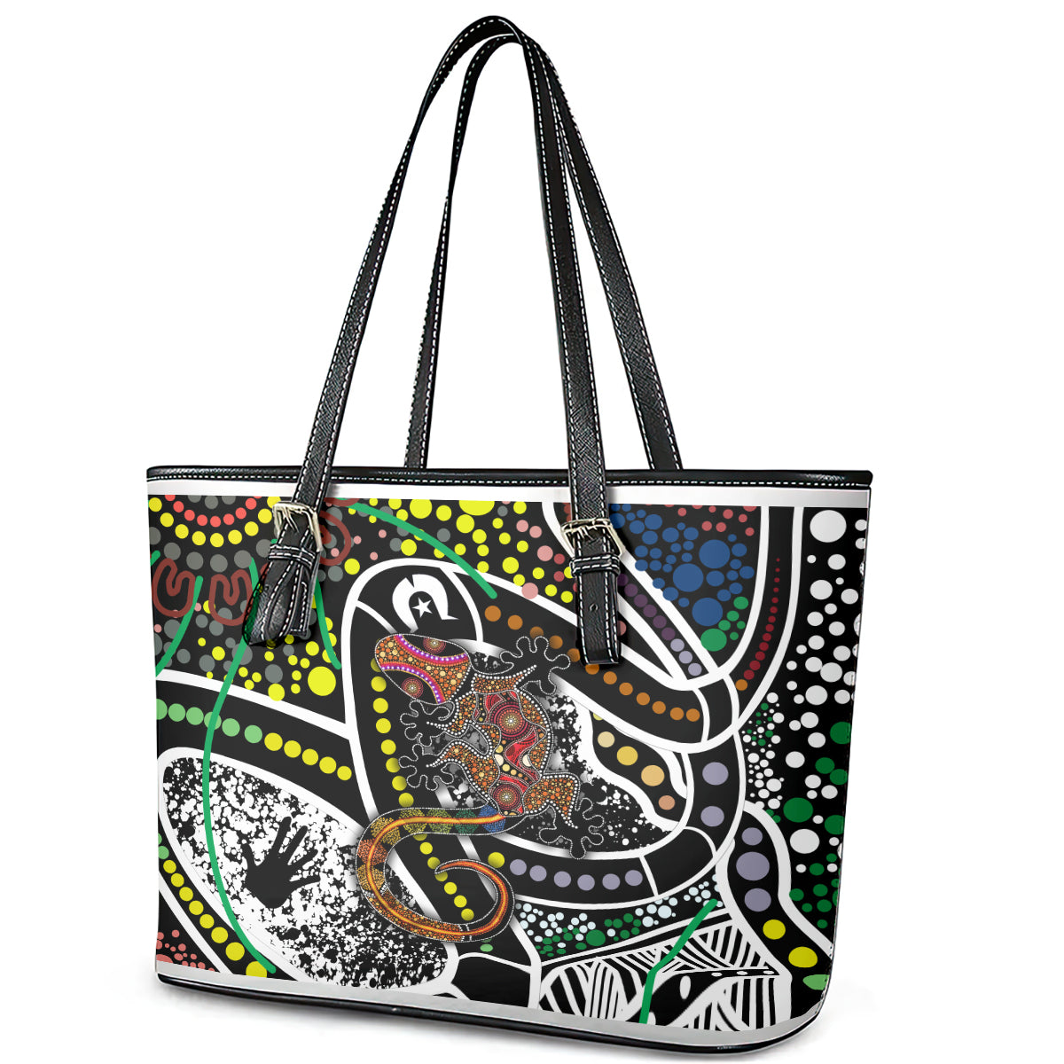 Aboriginal Lizzard Pattern Dot Art Leather Tote Bag - Wonder Print Shop