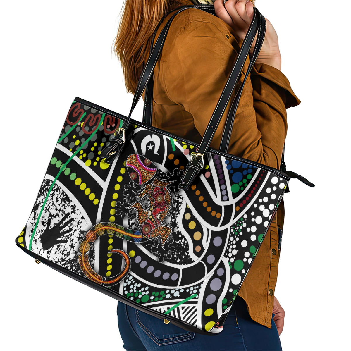 Aboriginal Lizzard Pattern Dot Art Leather Tote Bag - Wonder Print Shop