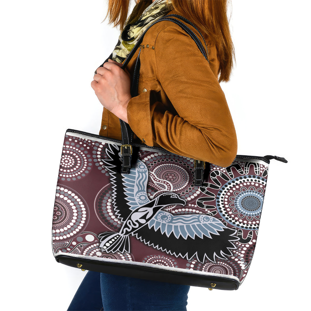 Aboriginal Pattern Bird Leather Tote Bag - Wonder Print Shop