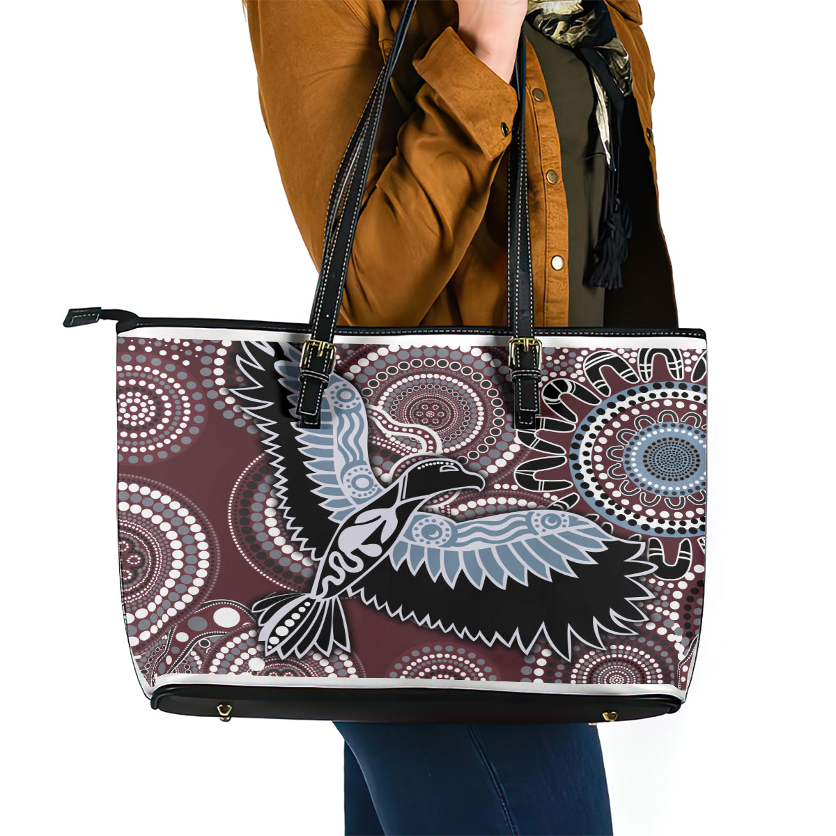 Aboriginal Pattern Bird Leather Tote Bag - Wonder Print Shop