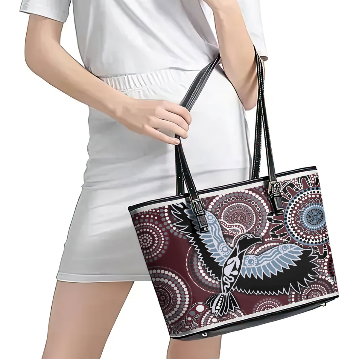 Aboriginal Pattern Bird Leather Tote Bag - Wonder Print Shop