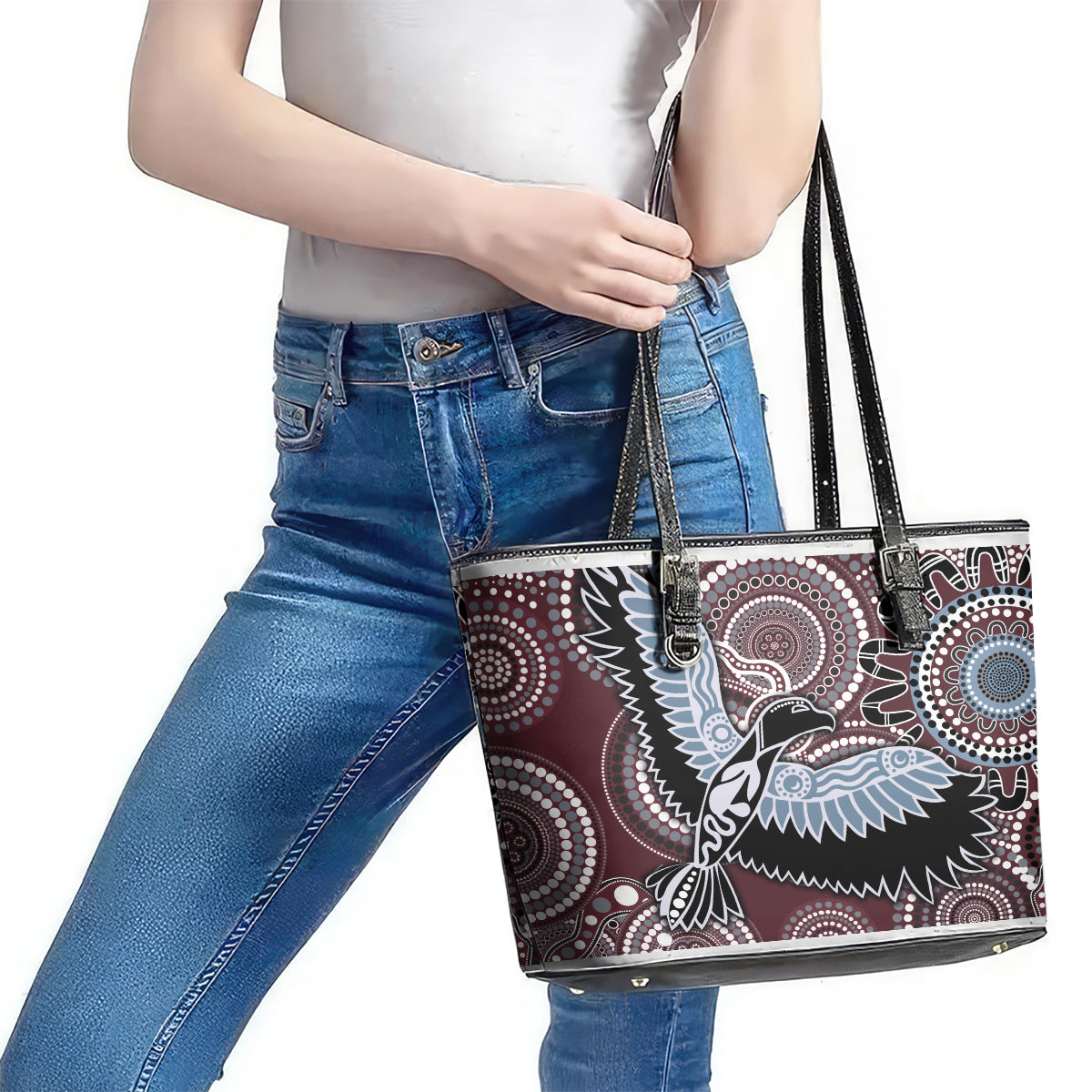 Aboriginal Pattern Bird Leather Tote Bag - Wonder Print Shop