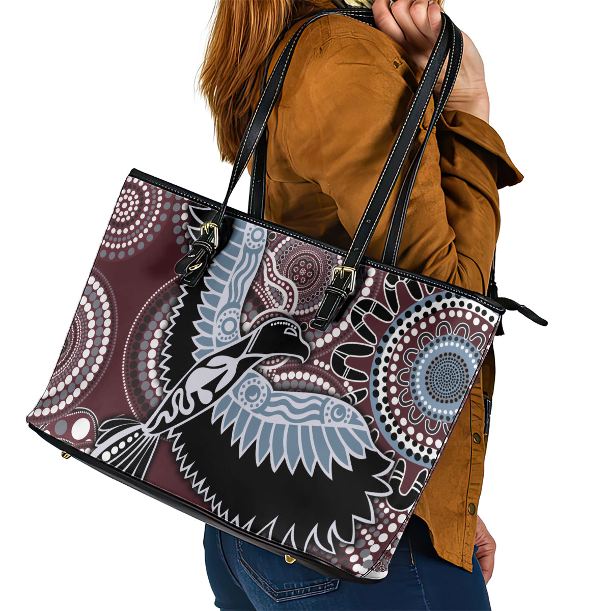 Aboriginal Pattern Bird Leather Tote Bag - Wonder Print Shop