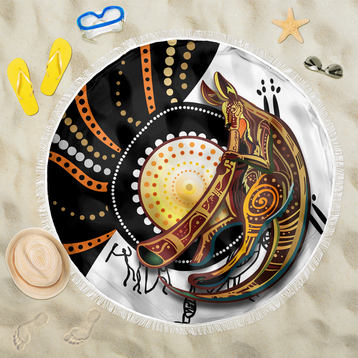 Aboriginal Kangaroo Pattern Dot Art Beach Blanket - Wonder Print Shop