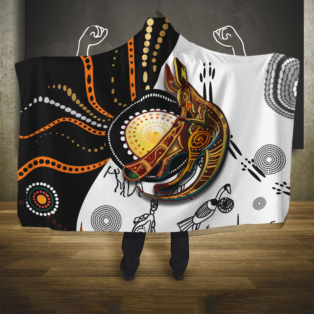 Aboriginal Kangaroo Pattern Dot Art Hooded Blanket