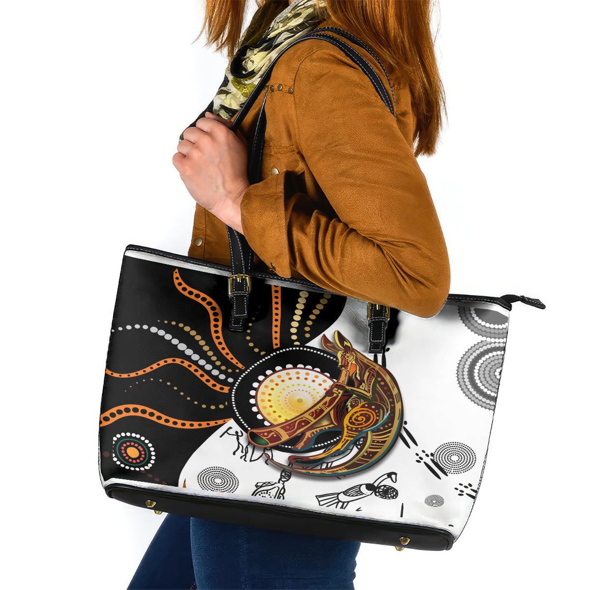 Aboriginal Kangaroo Pattern Dot Art Leather Tote Bag - Wonder Print Shop