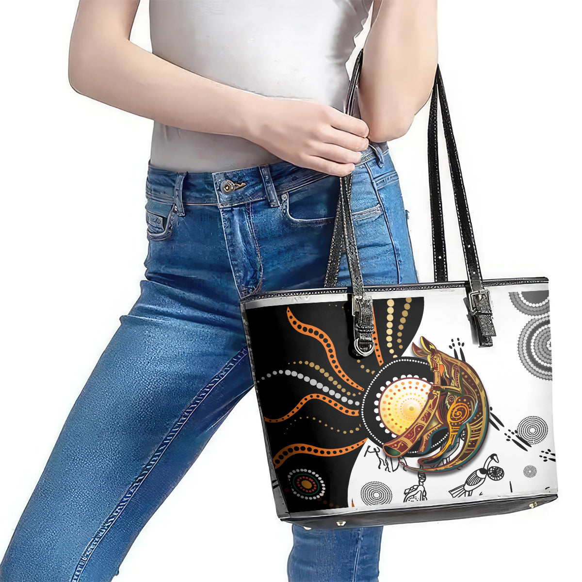 Aboriginal Kangaroo Pattern Dot Art Leather Tote Bag - Wonder Print Shop