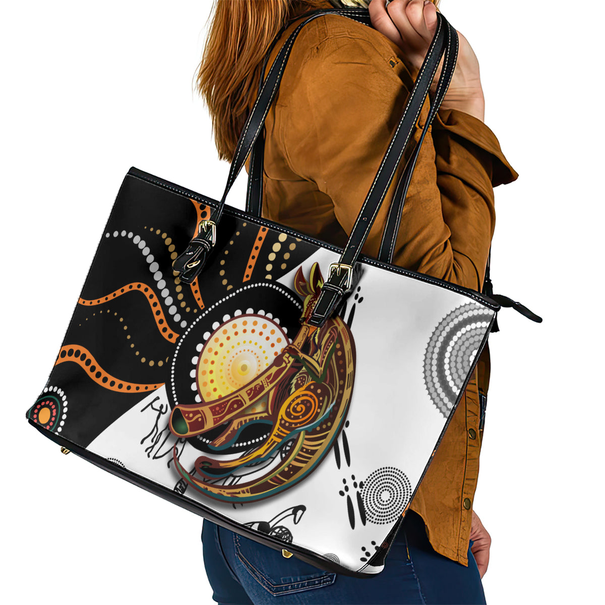Aboriginal Kangaroo Pattern Dot Art Leather Tote Bag - Wonder Print Shop