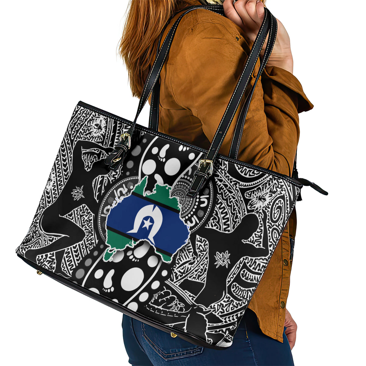 Torest Trait Islands Map Mix Aboriginal Pattern Leather Tote Bag - Wonder Print Shop