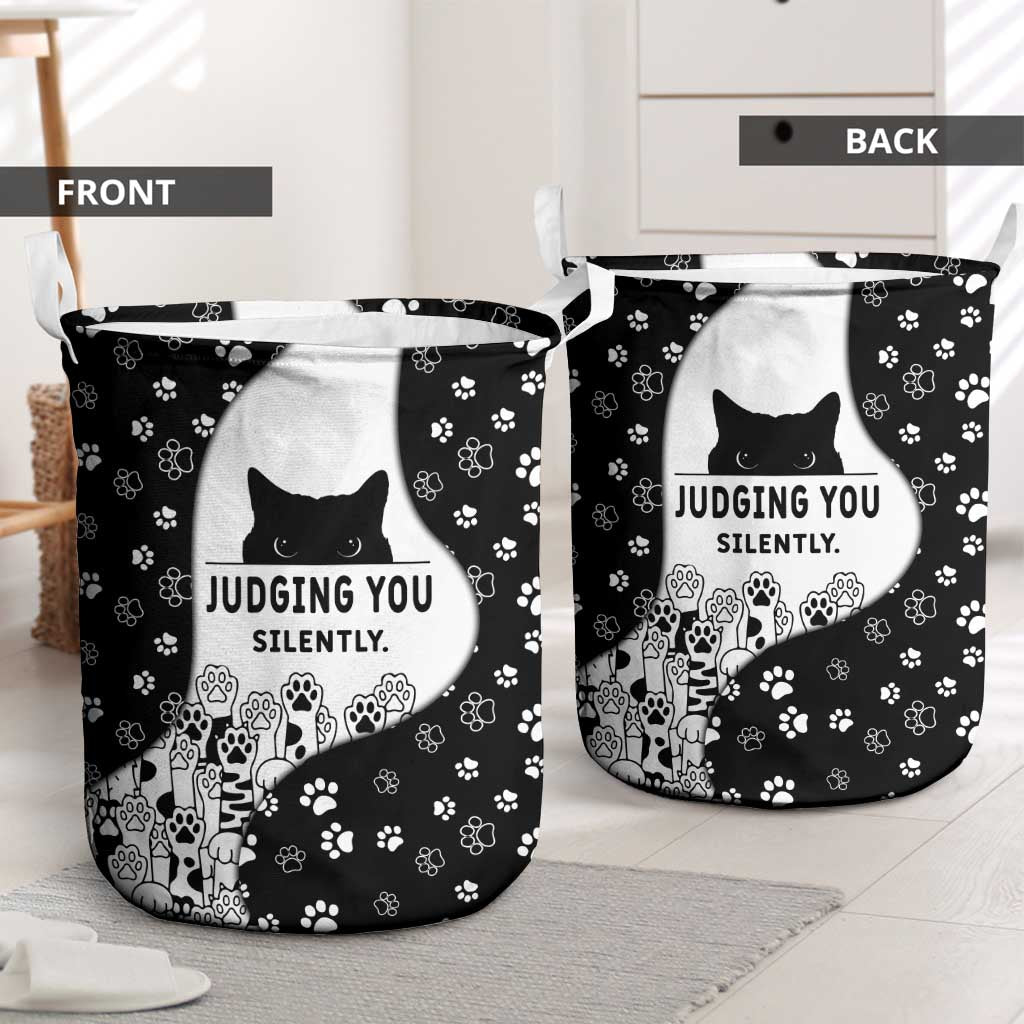 Judging You Silently Laundry Basket Black Cat Playful Monochrome Paw Print