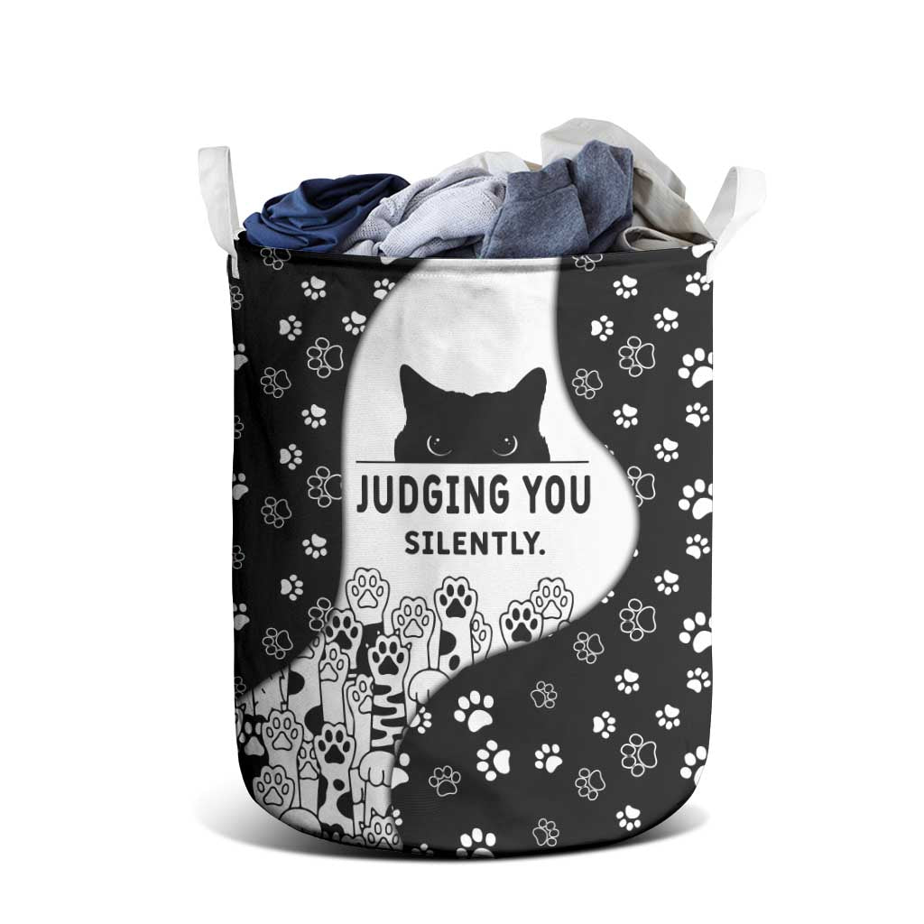Judging You Silently Laundry Basket Black Cat Playful Monochrome Paw Print