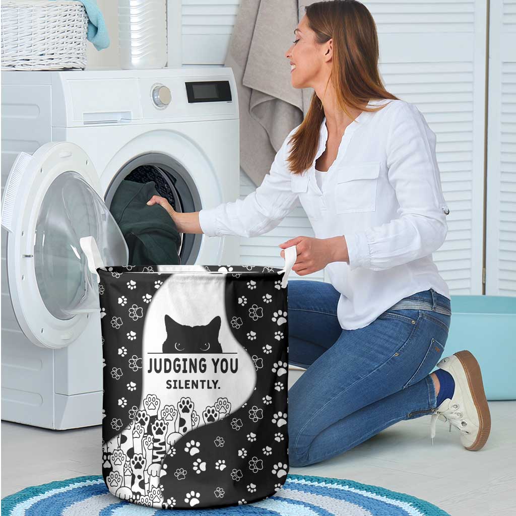 Judging You Silently Laundry Basket Black Cat Playful Monochrome Paw Print