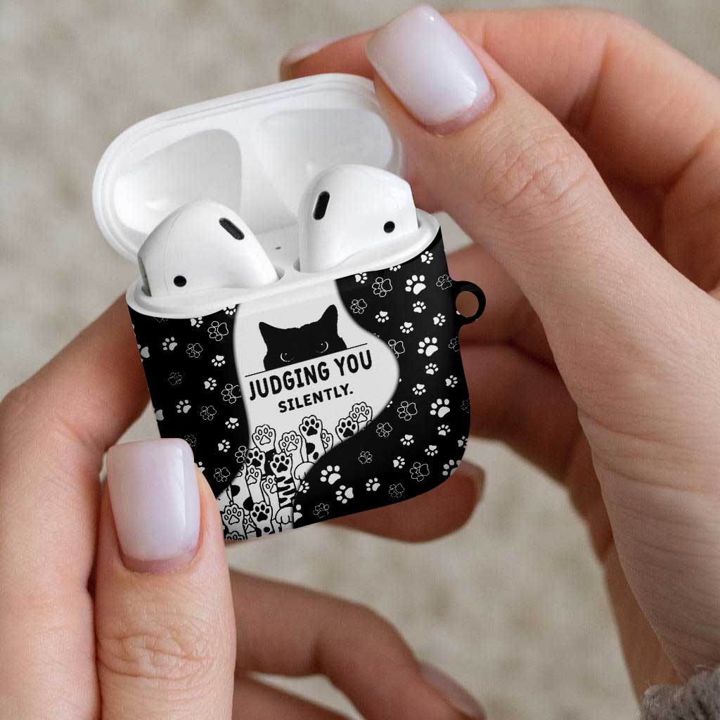 Judging You Silently AirPods Case Black Cat Playful Monochrome Paw Print
