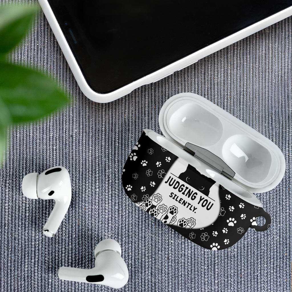 Judging You Silently AirPods Case Black Cat Playful Monochrome Paw Print