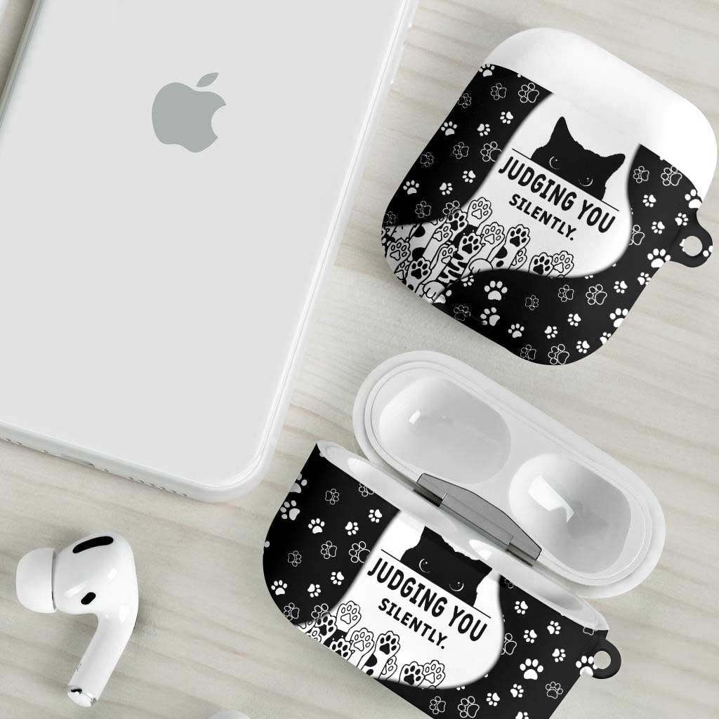 Judging You Silently AirPods Case Black Cat Playful Monochrome Paw Print
