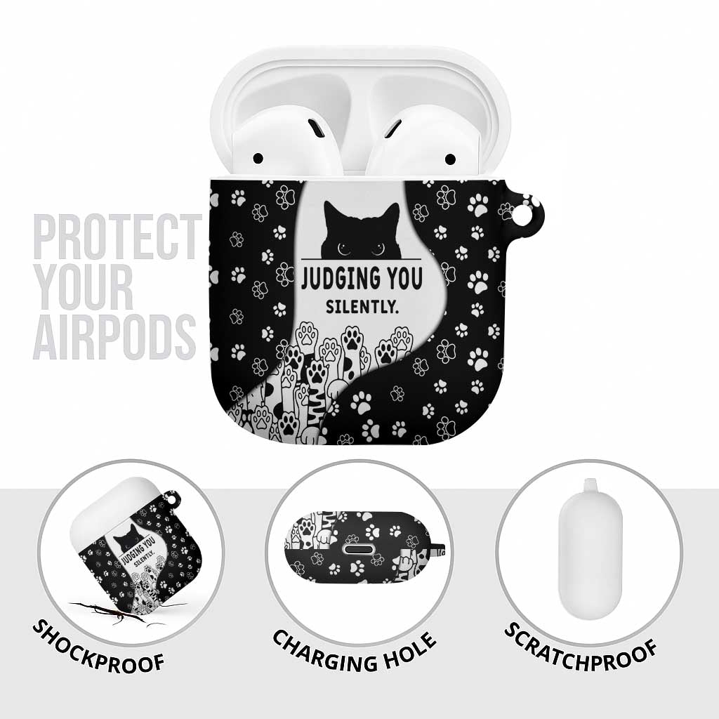 Judging You Silently AirPods Case Black Cat Playful Monochrome Paw Print