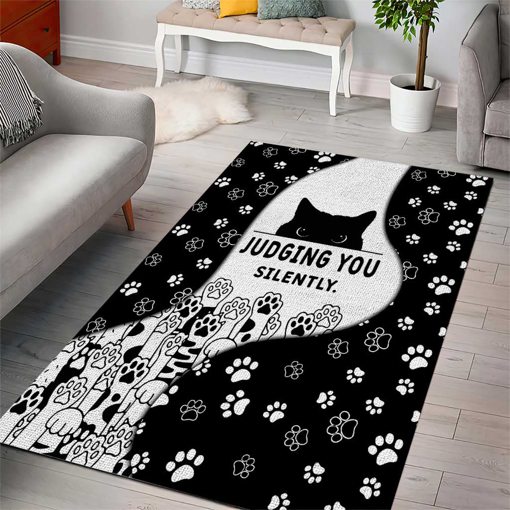 Judging You Silently Area Rug Black Cat Playful Monochrome Paw Print