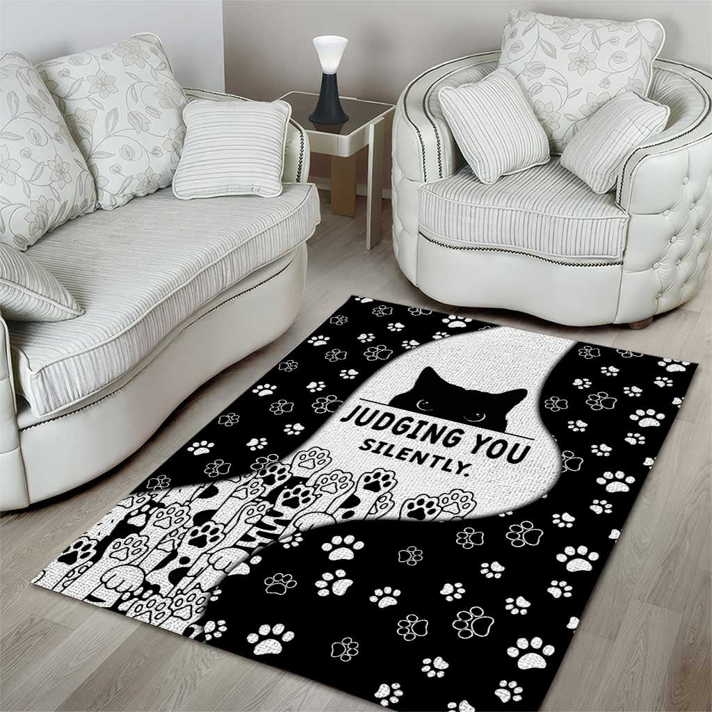 Judging You Silently Area Rug Black Cat Playful Monochrome Paw Print