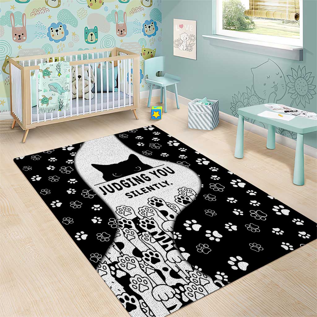 Judging You Silently Area Rug Black Cat Playful Monochrome Paw Print