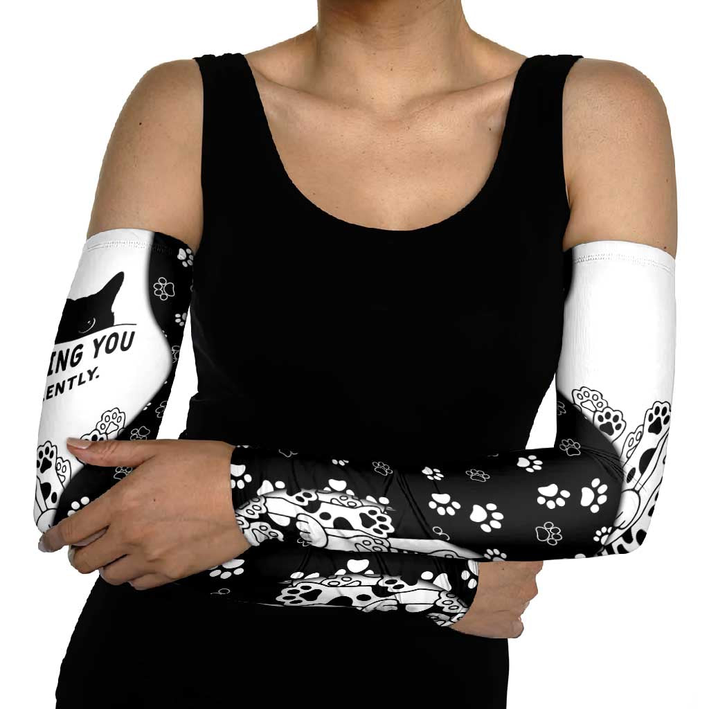 Judging You Silently Arm Sleeves Black Cat Playful Monochrome Paw Print