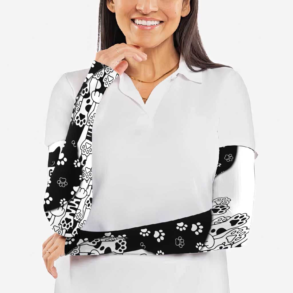 Judging You Silently Arm Sleeves Black Cat Playful Monochrome Paw Print