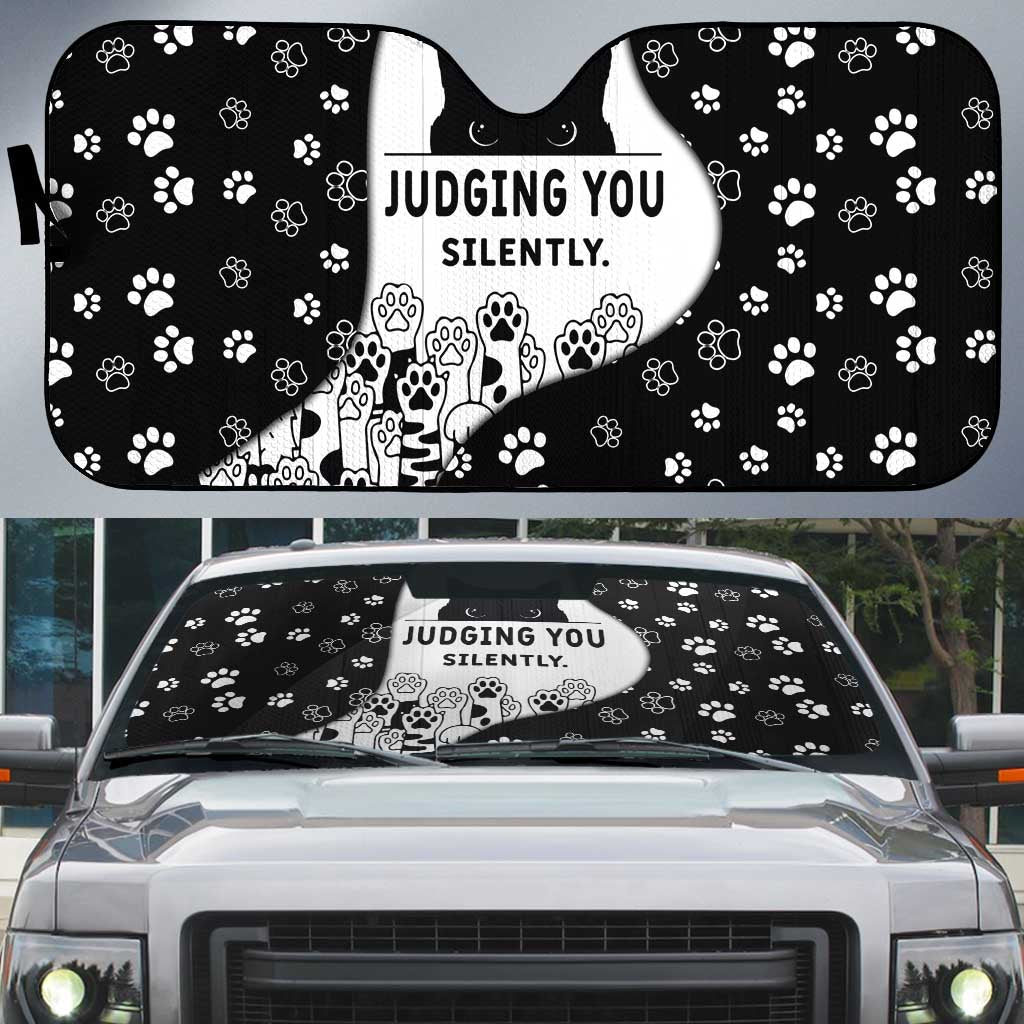Judging You Silently Auto Sun Shade Black Cat Playful Monochrome Paw Print