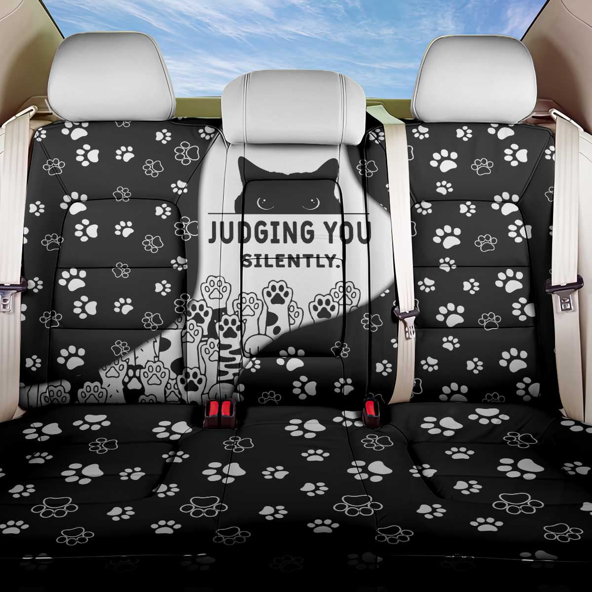 Judging You Silently Back Car Seat Cover Black Cat Playful Monochrome Paw Print