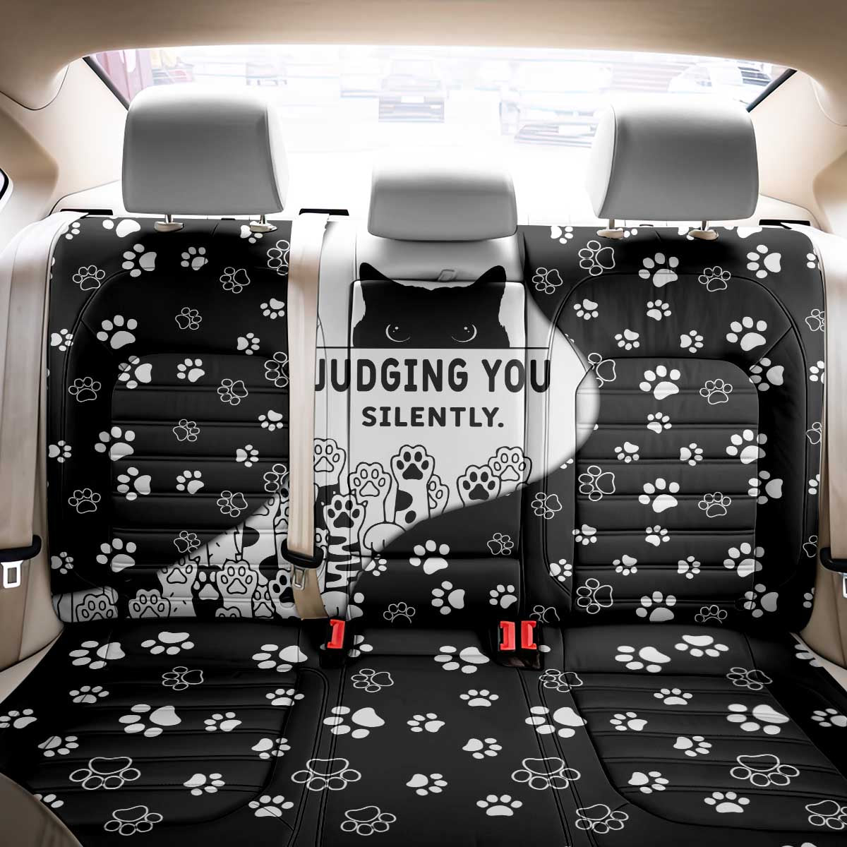 Judging You Silently Back Car Seat Cover Black Cat Playful Monochrome Paw Print