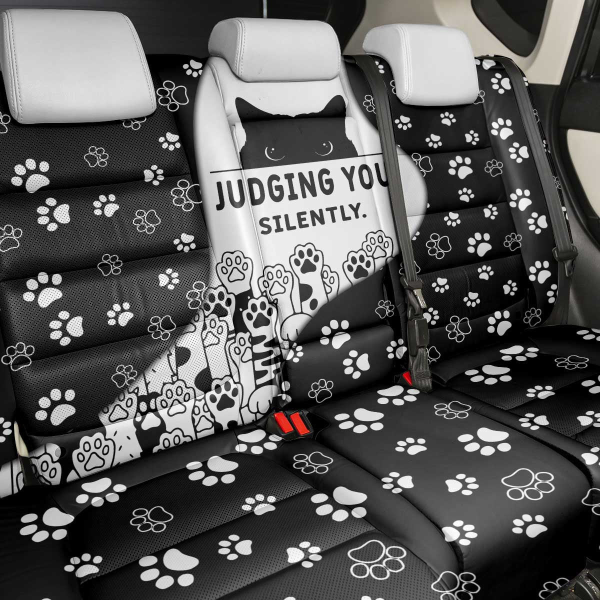 Judging You Silently Back Car Seat Cover Black Cat Playful Monochrome Paw Print