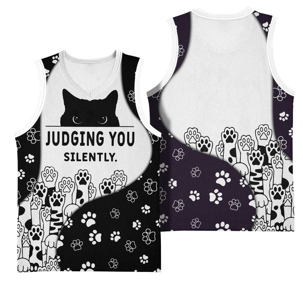 Judging You Silently Basketball Jersey Black Cat Playful Monochrome Paw Print