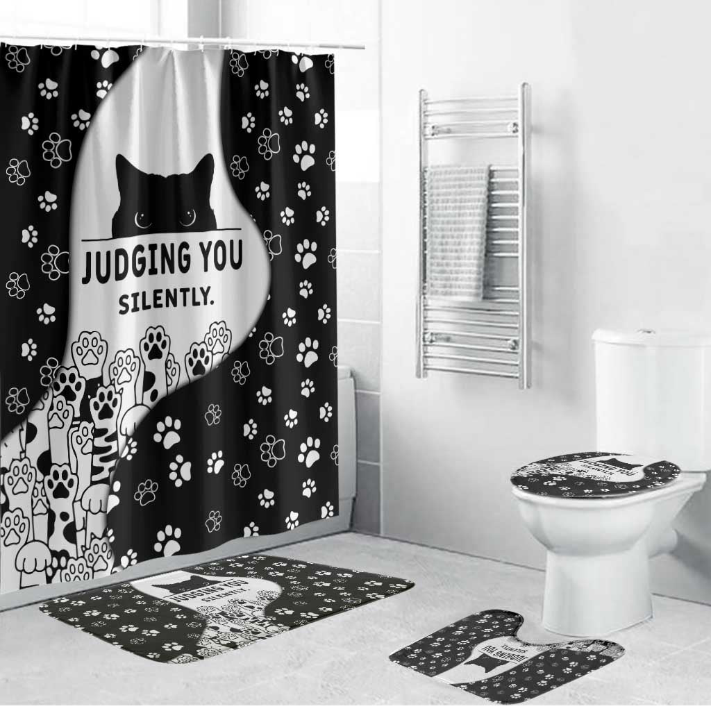 Judging You Silently Bathroom Set Black Cat Playful Monochrome Paw Print