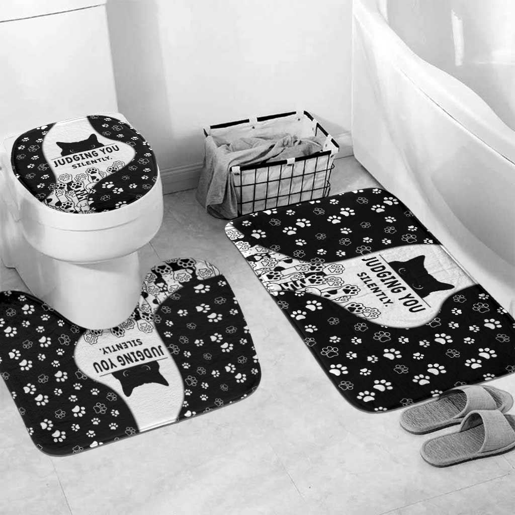 Judging You Silently Bathroom Set Black Cat Playful Monochrome Paw Print