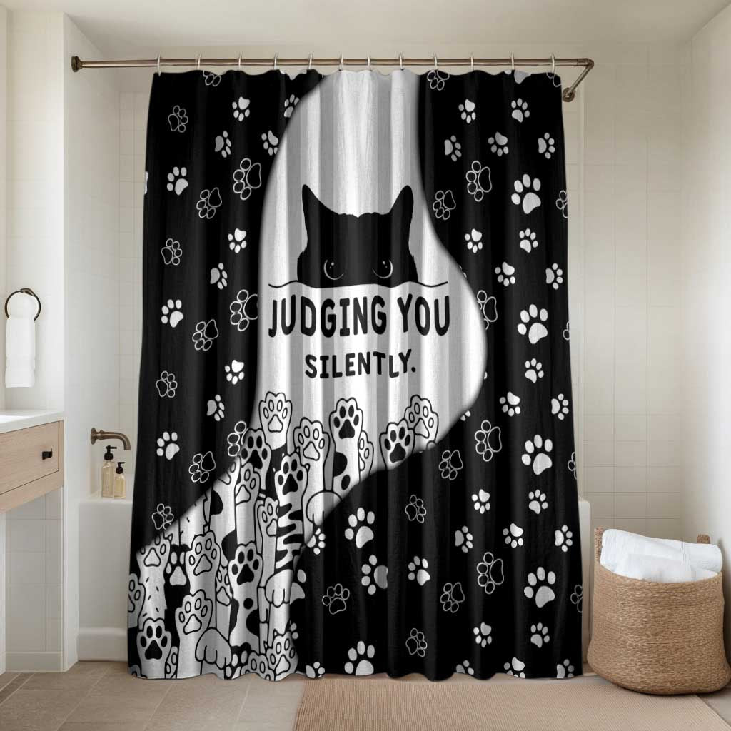 Judging You Silently Bathroom Set Black Cat Playful Monochrome Paw Print