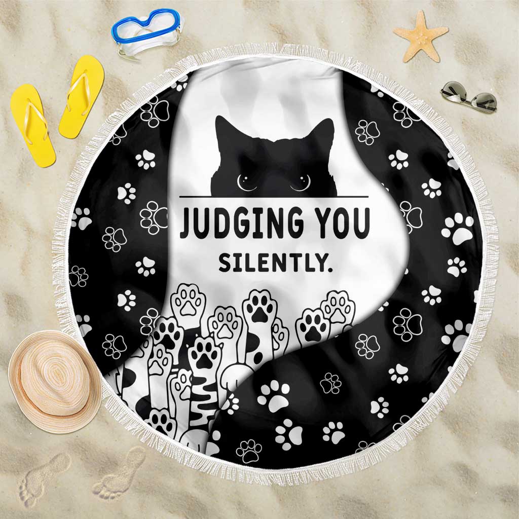 Judging You Silently Beach Blanket Black Cat Playful Monochrome Paw Print