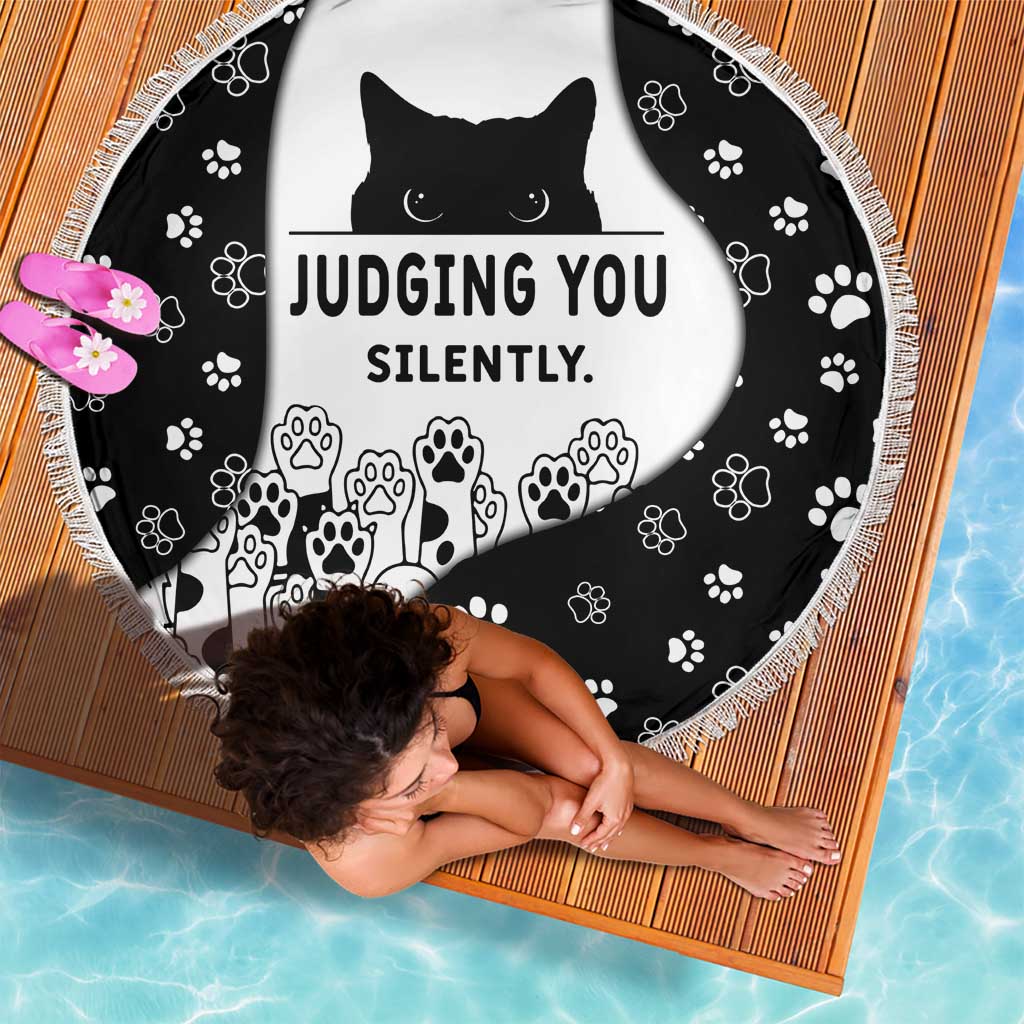 Judging You Silently Beach Blanket Black Cat Playful Monochrome Paw Print