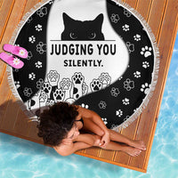 Judging You Silently Beach Blanket Black Cat Playful Monochrome Paw Print