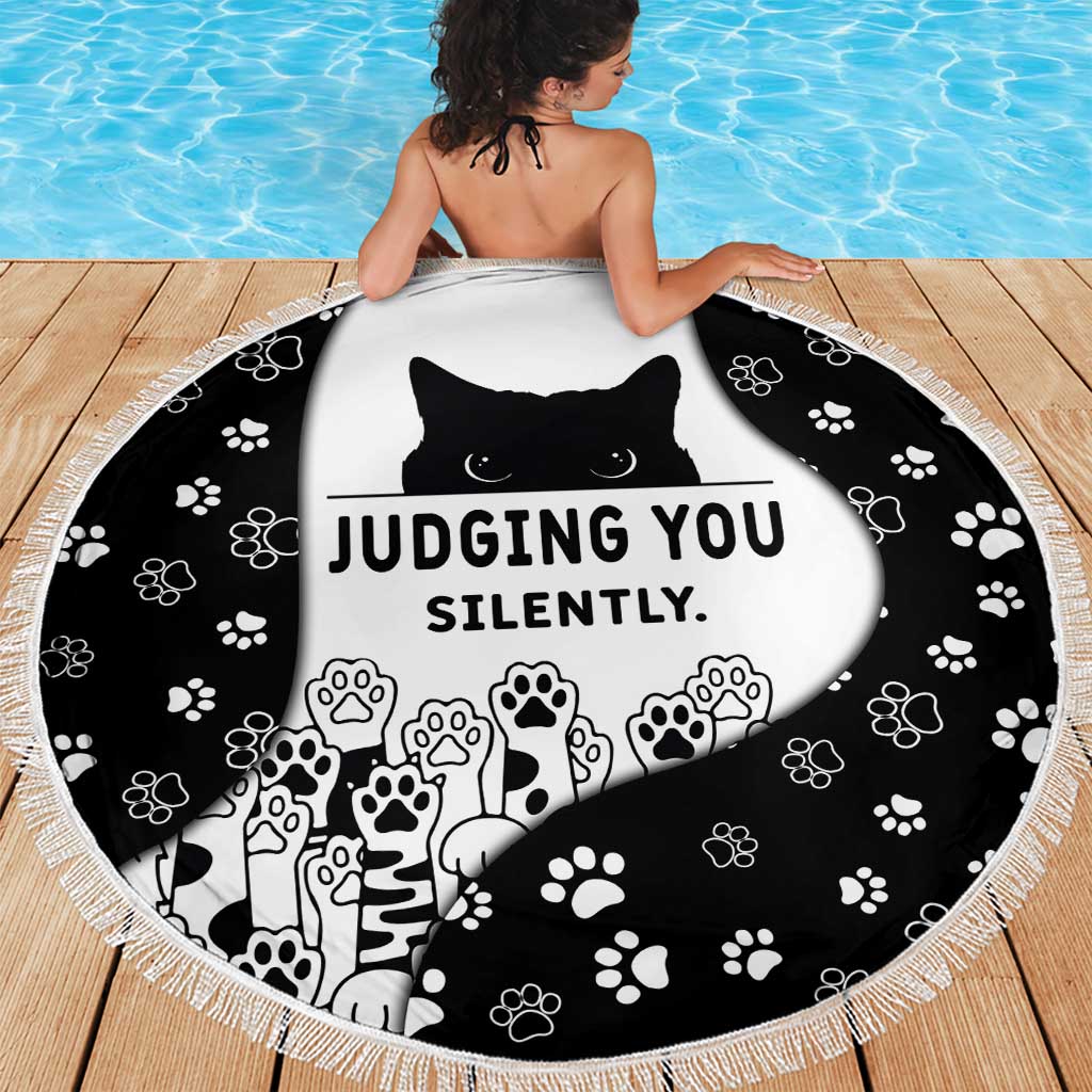 Judging You Silently Beach Blanket Black Cat Playful Monochrome Paw Print