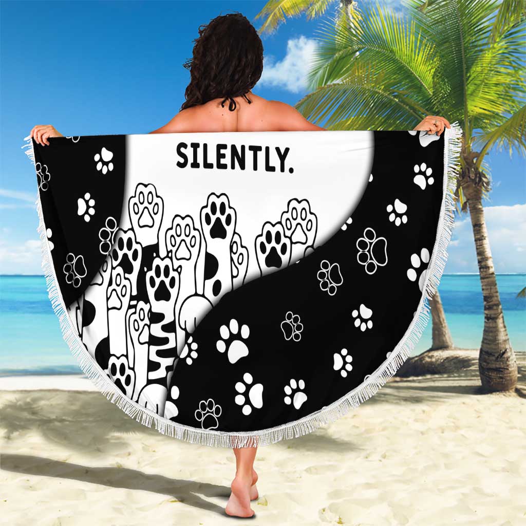 Judging You Silently Beach Blanket Black Cat Playful Monochrome Paw Print