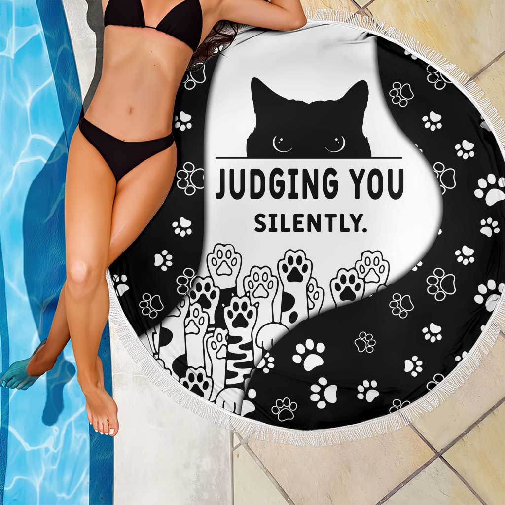 Judging You Silently Beach Blanket Black Cat Playful Monochrome Paw Print