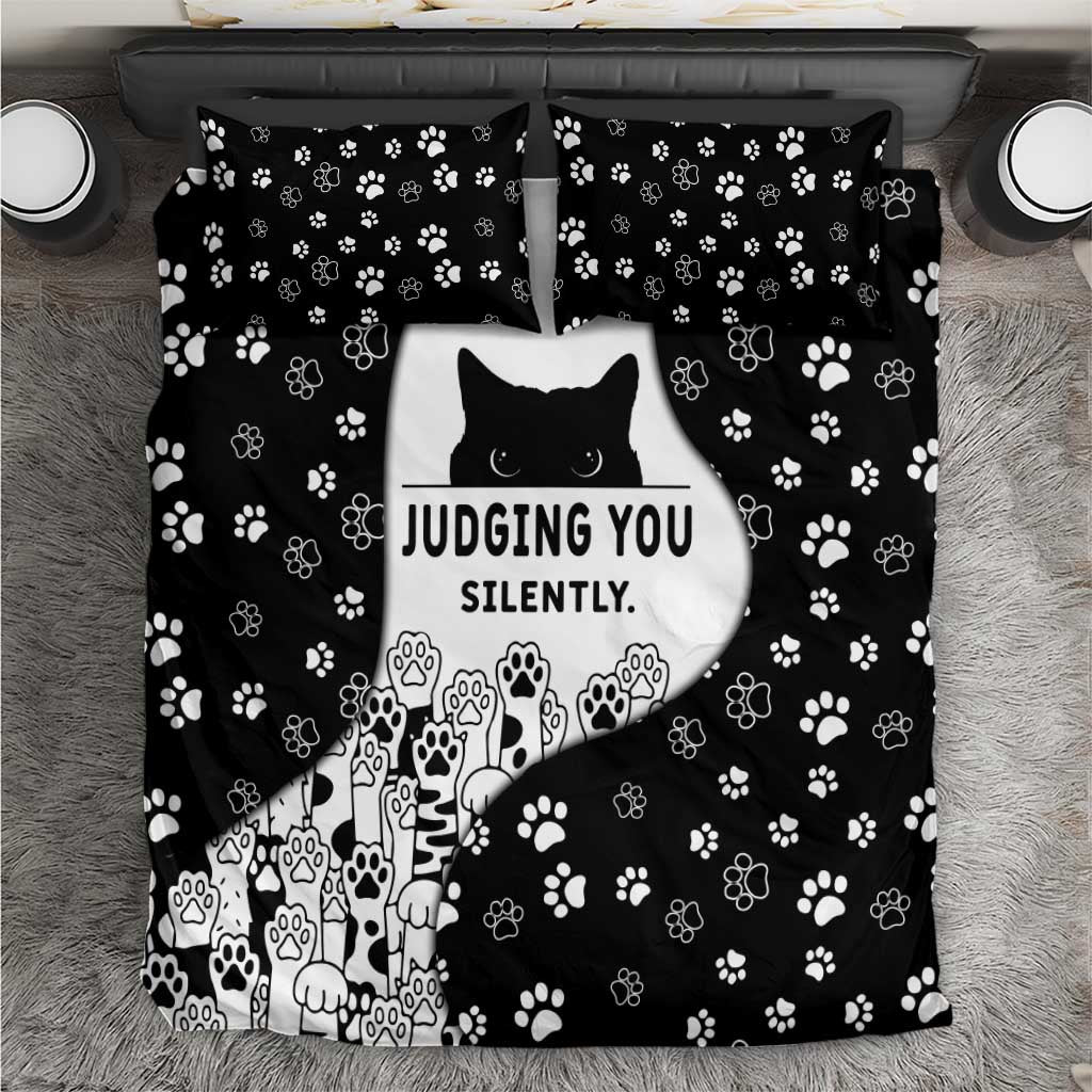 Judging You Silently Bedding Set Black Cat Playful Monochrome Paw Print