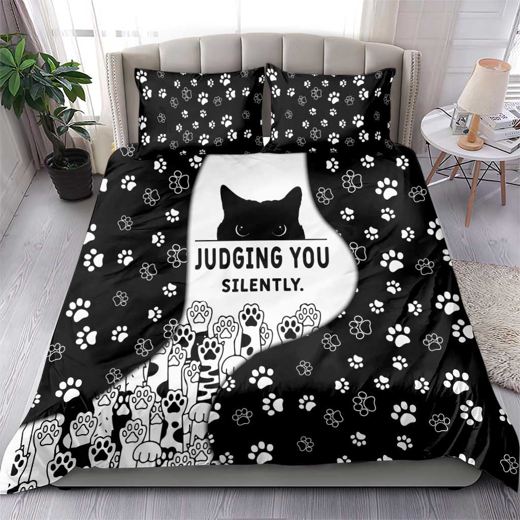 Judging You Silently Bedding Set Black Cat Playful Monochrome Paw Print