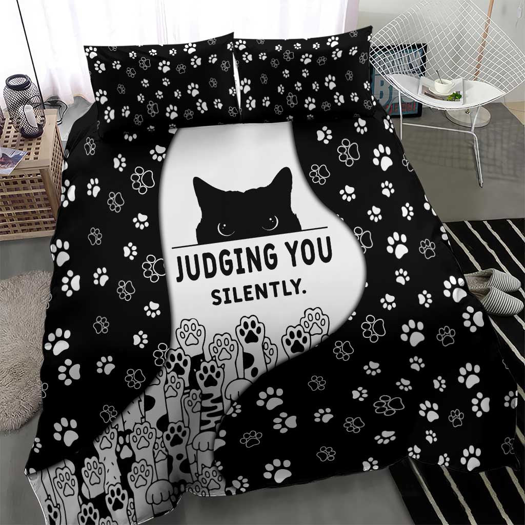 Judging You Silently Bedding Set Black Cat Playful Monochrome Paw Print