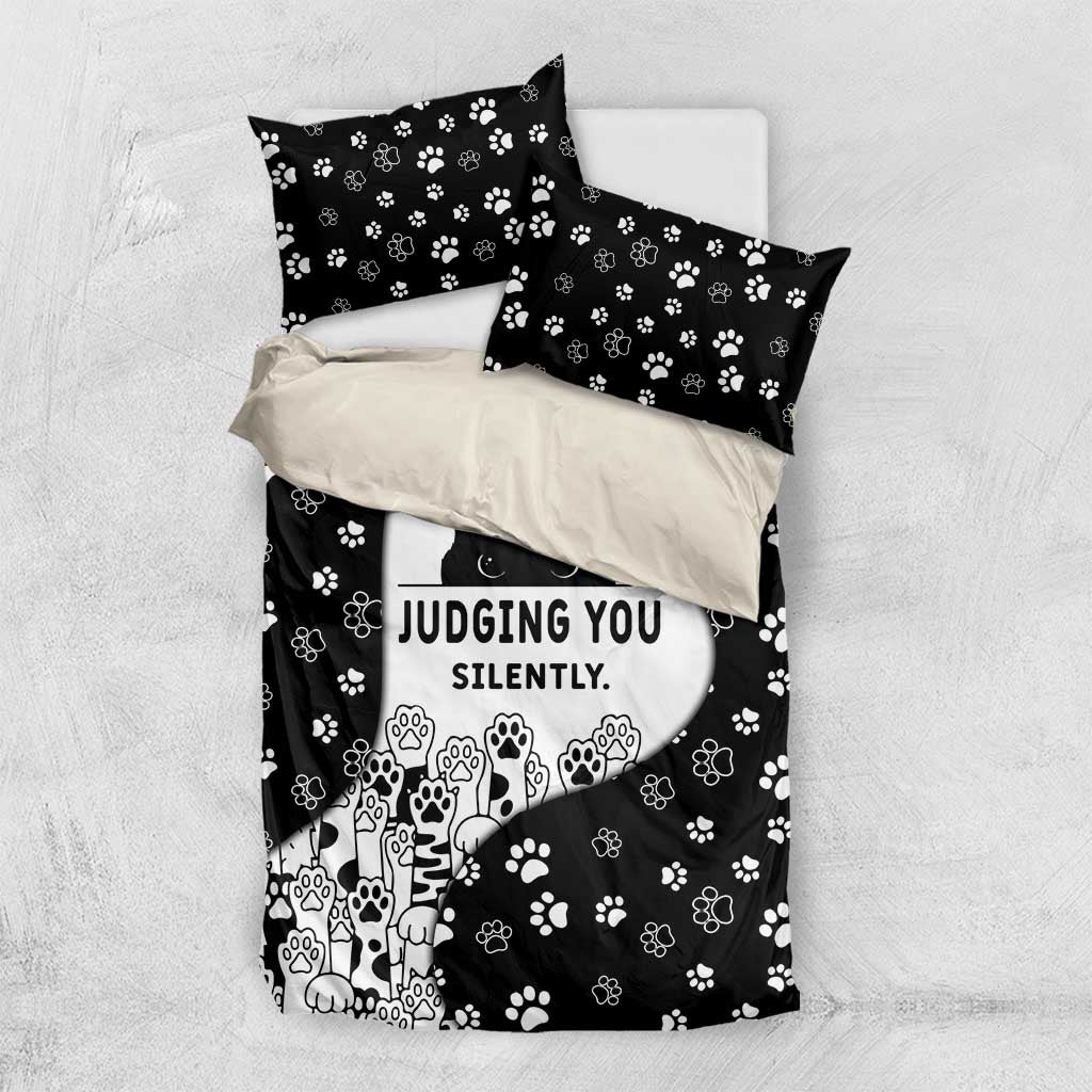 Judging You Silently Bedding Set Black Cat Playful Monochrome Paw Print