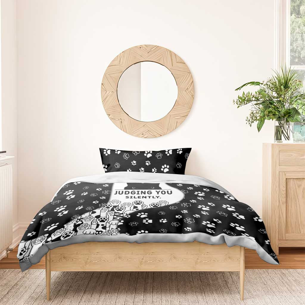 Judging You Silently Bedding Set Black Cat Playful Monochrome Paw Print