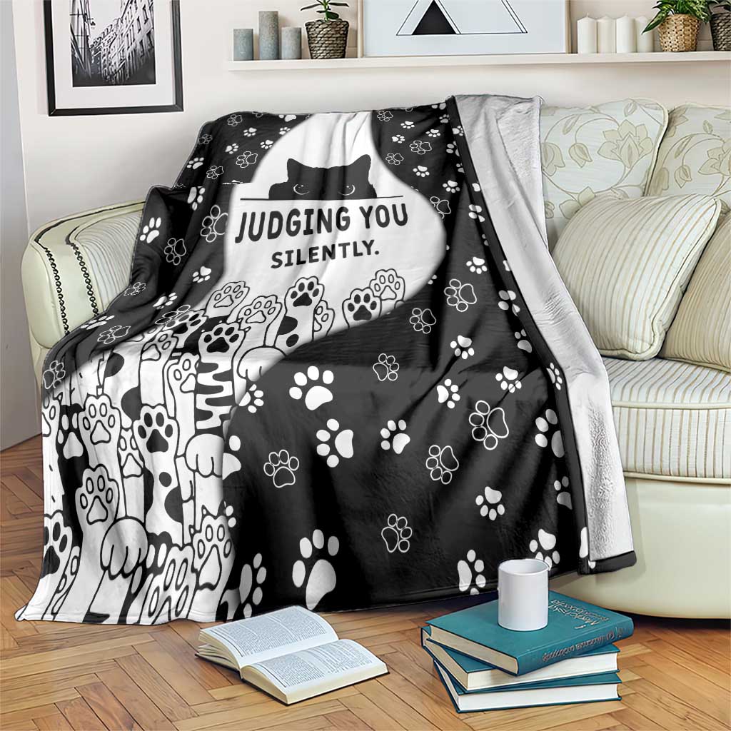 Judging You Silently Blanket Black Cat Playful Monochrome Paw Print